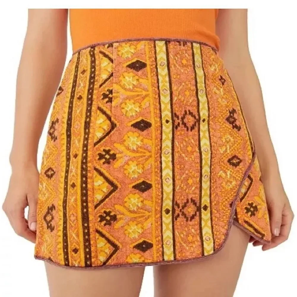 Free People | NWT Cleo Geometric-print Wrap Skirt Rust Combo Boho Aztec | 4